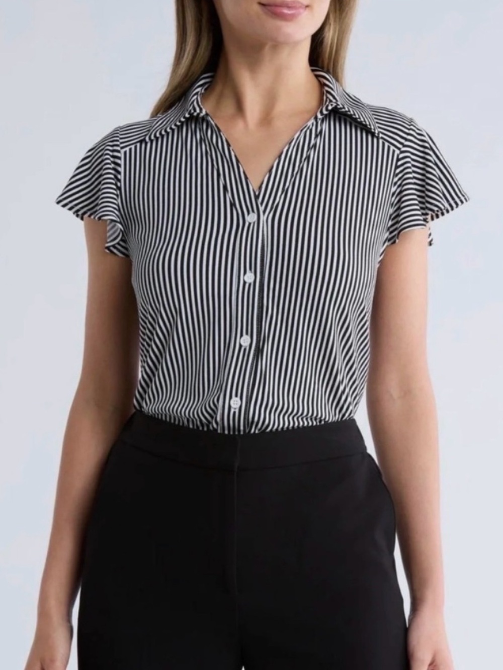 Adrianna Papell Black & White
Vertical Stripe Short Sleeve
Button-Up Shirt